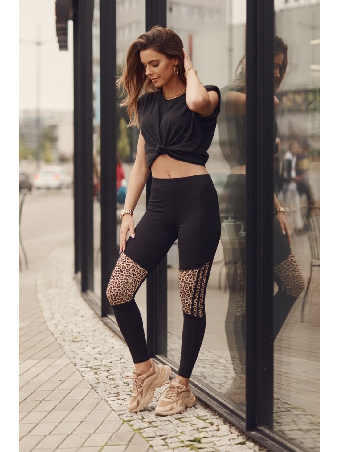 Leggings with leopard print inserts, black 1127 - Online store - Boutique